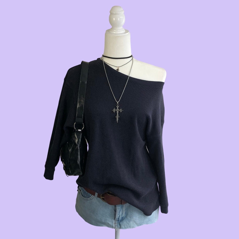 UNIQLO Navy Blue Thermal Waffle Knit Long Sleeve Top Womens M Off Shoulder Y2K